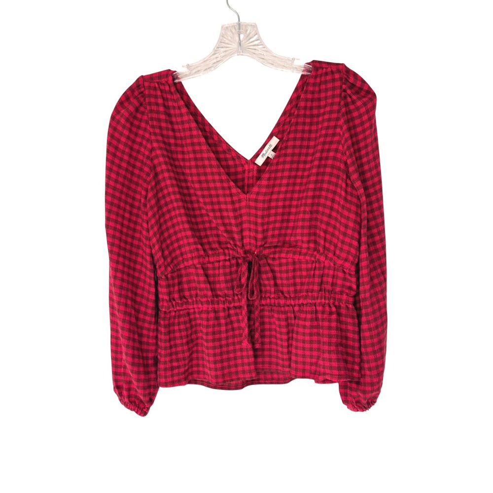 Madewell Crinkled V-Neck Peplum Top Plaid Hibiscus Blouse Crinkled Drapey Small